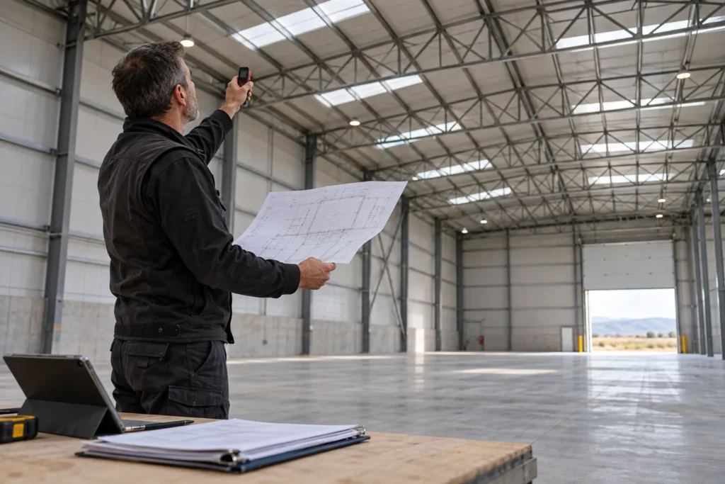 Técnico tomando mediciones con planos en una nave industrial para preparar la consulta de calefacción