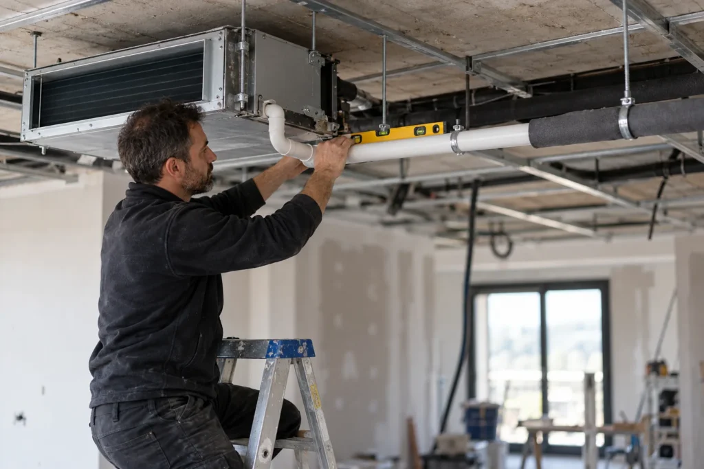 Instalador comprobando con un nivel la pendiente del desagüe de condensados de una unidad de climatización por conductos
