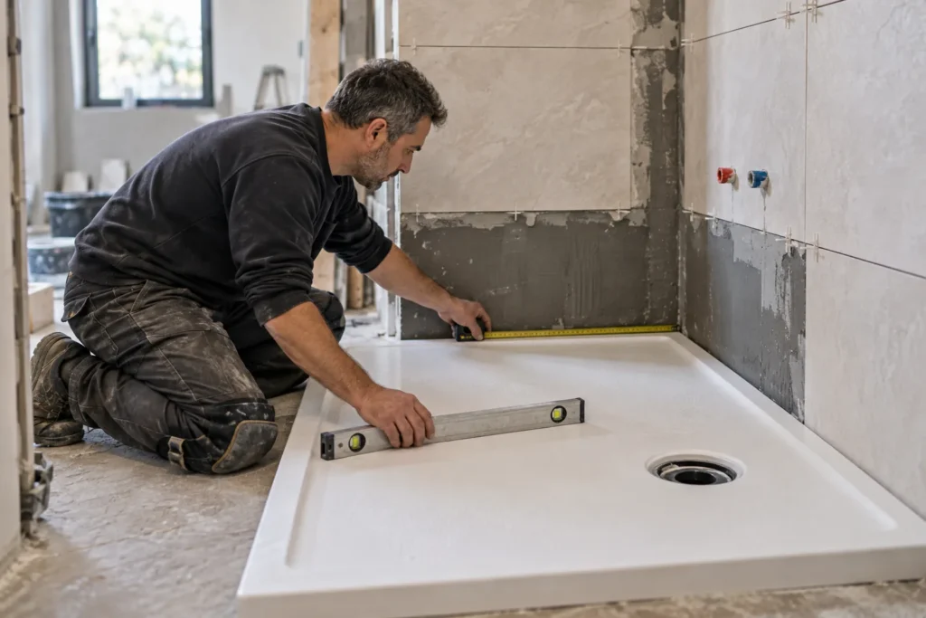 Instalador midiendo y nivelando un plato de ducha junto al desagüe y el alicatado en una reforma de baño