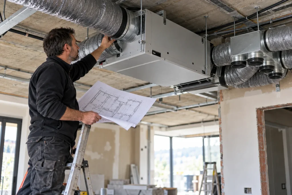 Instalador revisando con planos el equipo de ventilación mecánica y los conductos en el techo de una vivienda en reforma